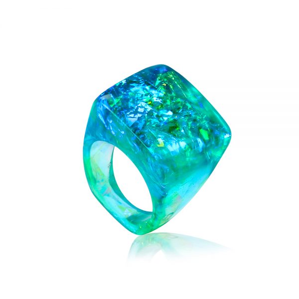 inel turcoaz verde albastru cu reflexii aurii, bijuterie din rășină handmade unicat