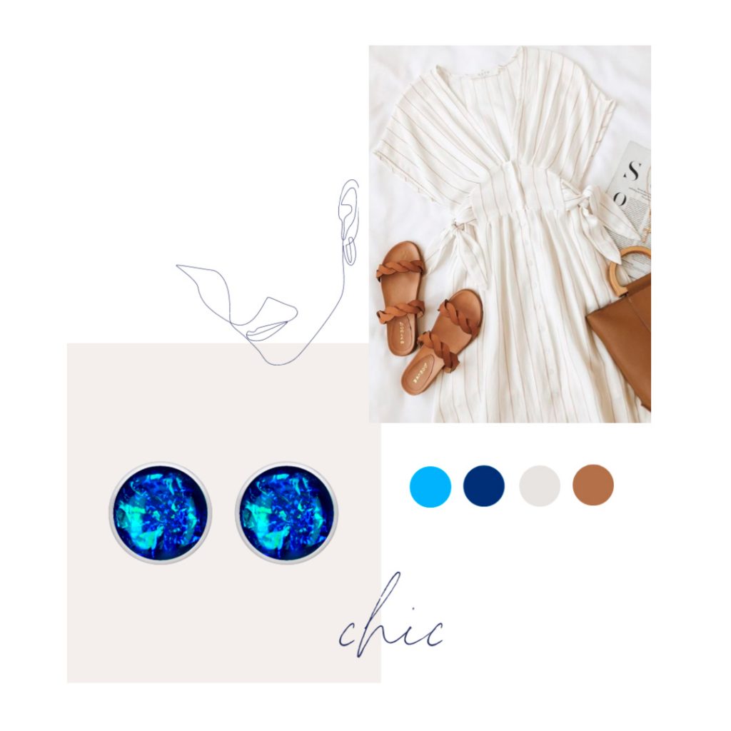 outfit chic de vara, rochie alba cu dungi verticale, sandale maro si geanta maro cercei albastru electric cercei stud pe ureche